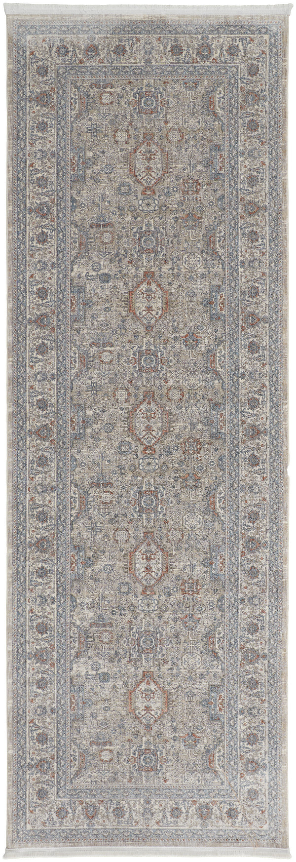 Homeroots 12' Silver Taupe And Blue Oriental Power Loom Worn Faded Runner Rug With Fringe Taupe Polyester 567427