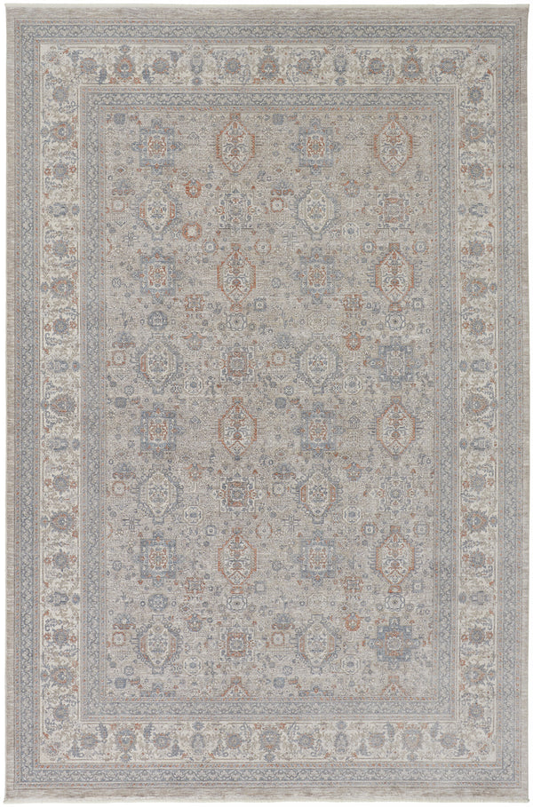 Homeroots 12' X 15' Silver Taupe And Blue Oriental Power Loom Worn Faded Area Rug With Fringe Taupe Polyester 567428