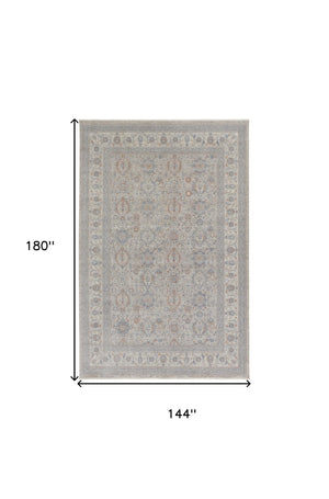 Homeroots 12' X 15' Silver Taupe And Blue Oriental Power Loom Worn Faded Area Rug With Fringe Taupe Polyester 567428
