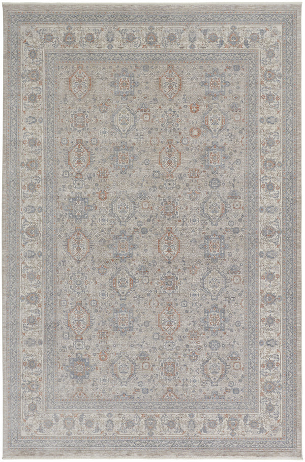 Homeroots 2' X 3' Silver Taupe And Blue Oriental Power Loom Worn Faded Area Rug With Fringe Taupe Polyester 567429