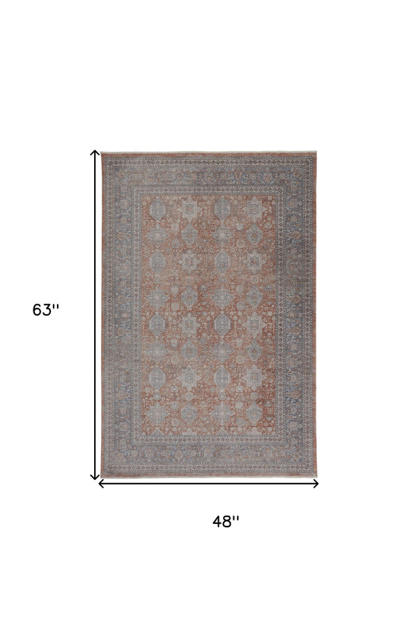 Homeroots 4' X 5' Blue And Red Oriental Power Loom Worn Faded Area Rug With Fringe Red Polyester 567430