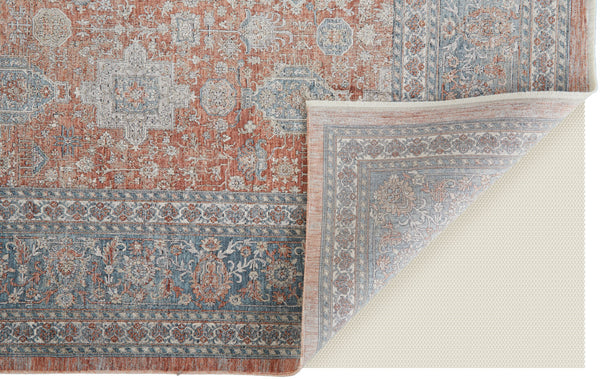 Homeroots 8' X 10' Blue And Red Oriental Power Loom Worn Faded Area Rug With Fringe Red Polyester 567433