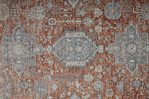 Homeroots 9' X 13' Blue And Red Oriental Power Loom Worn Faded Area Rug With Fringe Red Polyester 567434