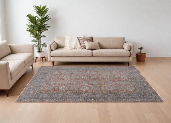 Homeroots 9' X 13' Blue And Red Oriental Power Loom Worn Faded Area Rug With Fringe Red Polyester 567434