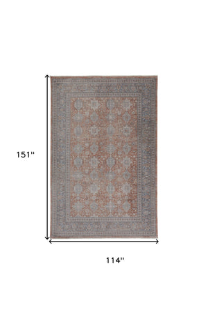 Homeroots 9' X 13' Blue And Red Oriental Power Loom Worn Faded Area Rug With Fringe Red Polyester 567434