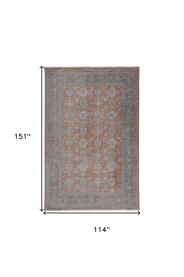 Homeroots 9' X 13' Blue And Red Oriental Power Loom Worn Faded Area Rug With Fringe Red Polyester 567434