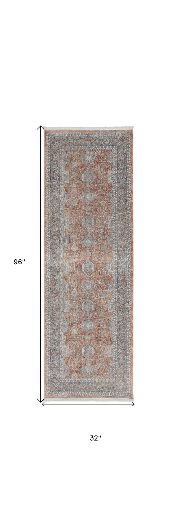 Homeroots 8' Blue And Red Oriental Power Loom Worn Faded Runner Rug With Fringe Red Polyester 567435