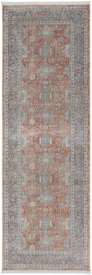 Homeroots 8' Blue And Red Oriental Power Loom Worn Faded Runner Rug With Fringe Red Polyester 567435
