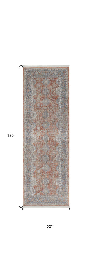 Homeroots 10' Blue And Red Oriental Power Loom Runner Rug With Fringe Red Polyester 567436