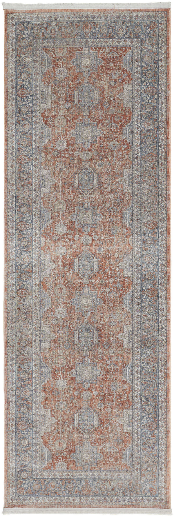 Homeroots 10' Blue And Red Oriental Power Loom Runner Rug With Fringe Red Polyester 567436