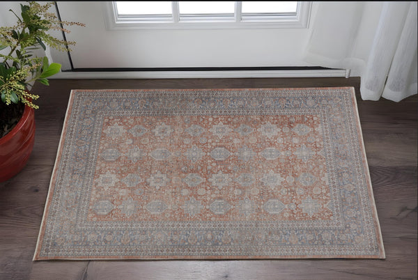 Homeroots 2' X 3' Blue And Red Oriental Power Loom Worn Faded Area Rug With Fringe Red Polyester 567439