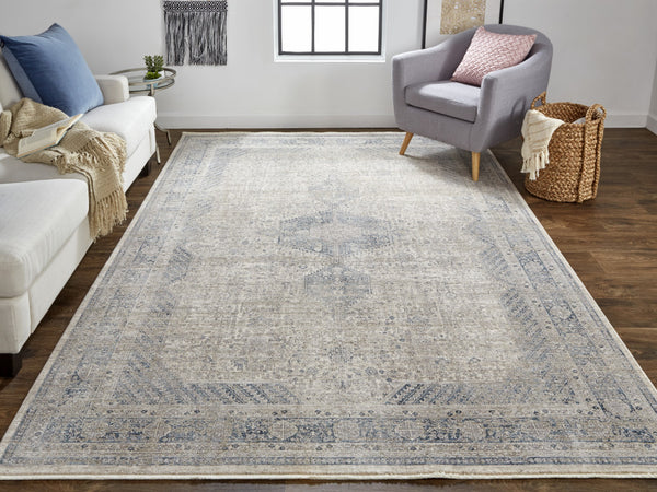 Homeroots 4' X 5' Gray Blue And Taupe Oriental Power Loom Worn Faded Area Rug With Fringe Taupe Polyester 567440