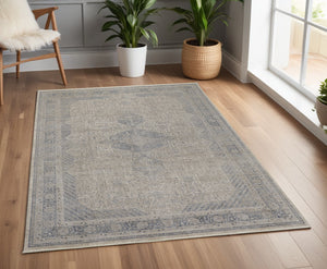 Homeroots 4' X 5' Gray Blue And Taupe Oriental Power Loom Worn Faded Area Rug With Fringe Taupe Polyester 567440