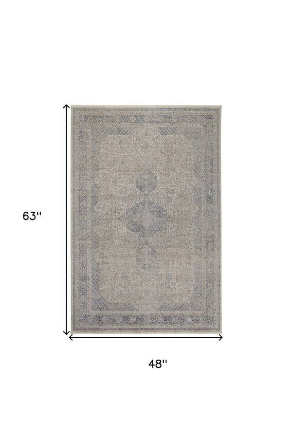 Homeroots 4' X 5' Gray Blue And Taupe Oriental Power Loom Worn Faded Area Rug With Fringe Taupe Polyester 567440