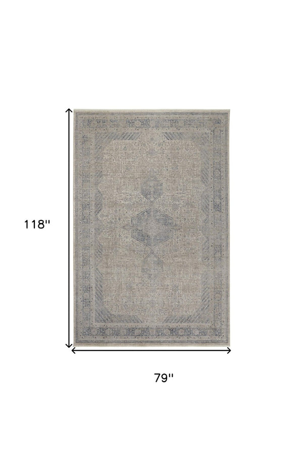 HomeRoots 4' Timeless Gray-Blue and Taupe Oriental Area Rug with Classic Fringed Tassels for Elegant Spaces 7' X 10' 567442