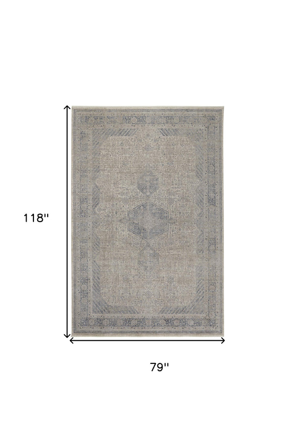 Homeroots 7' X 10' Gray Blue And Taupe Oriental Power Loom Worn Faded Area Rug With Fringe Taupe Polyester 567442