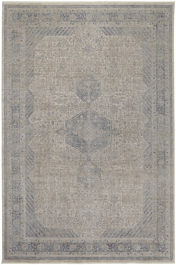 Homeroots 9' X 13' Gray Blue And Taupe Oriental Power Loom Worn Faded Area Rug With Fringe Taupe Polyester 567444