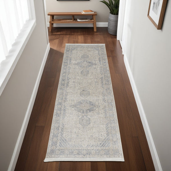 Homeroots 8' Gray Blue And Taupe Oriental Power Loom Worn Faded Runner Rug With Fringe Taupe Polyester 567445