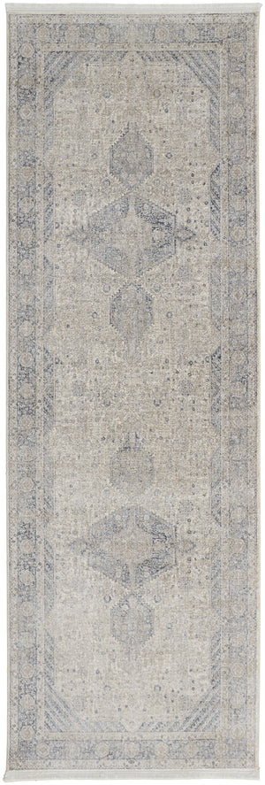 Homeroots 8' Gray Blue And Taupe Oriental Power Loom Worn Faded Runner Rug With Fringe Taupe Polyester 567445