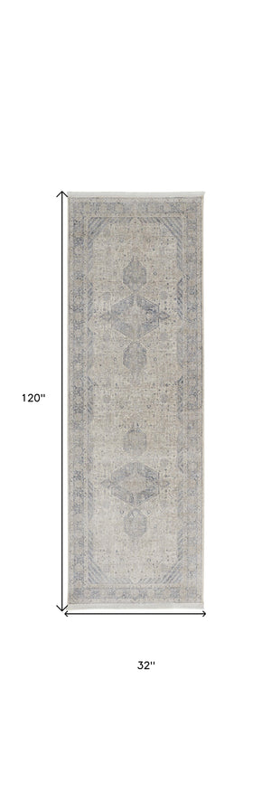 Homeroots 10' Gray Blue And Taupe Oriental Power Loom Runner Rug With Fringe Taupe Polyester 567446