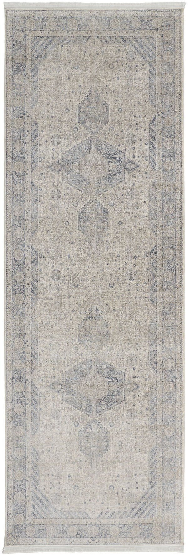 Homeroots 10' Gray Blue And Taupe Oriental Power Loom Runner Rug With Fringe Taupe Polyester 567446
