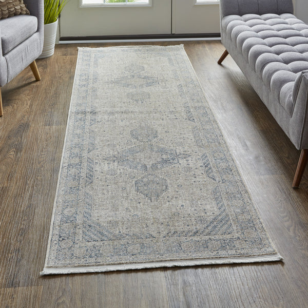 Homeroots 12' Gray Blue And Taupe Oriental Power Loom Worn Faded Runner Rug With Fringe Taupe Polyester 567447