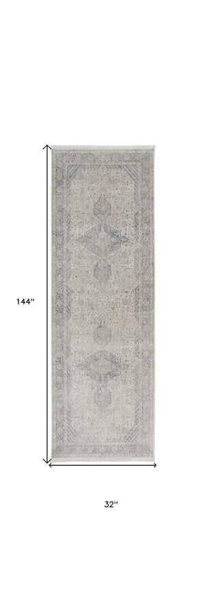 HomeRoots 4' Timeless Gray-Blue and Taupe Oriental Area Rug with Classic Fringed Tassels for Elegant Spaces 12' Runner 567447