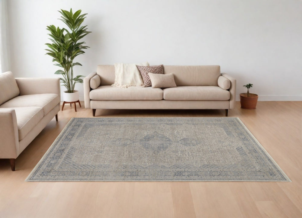 HomeRoots 4' Timeless Gray-Blue and Taupe Oriental Area Rug with Classic Fringed Tassels for Elegant Spaces 12' X 15' 567448