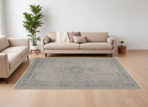 Homeroots 12' X 15' Gray Blue And Taupe Oriental Power Loom Worn Faded Area Rug With Fringe Taupe Polyester 567448