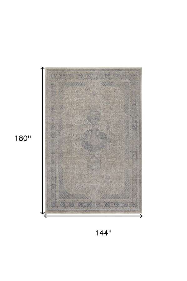 Homeroots 12' X 15' Gray Blue And Taupe Oriental Power Loom Worn Faded Area Rug With Fringe Taupe Polyester 567448