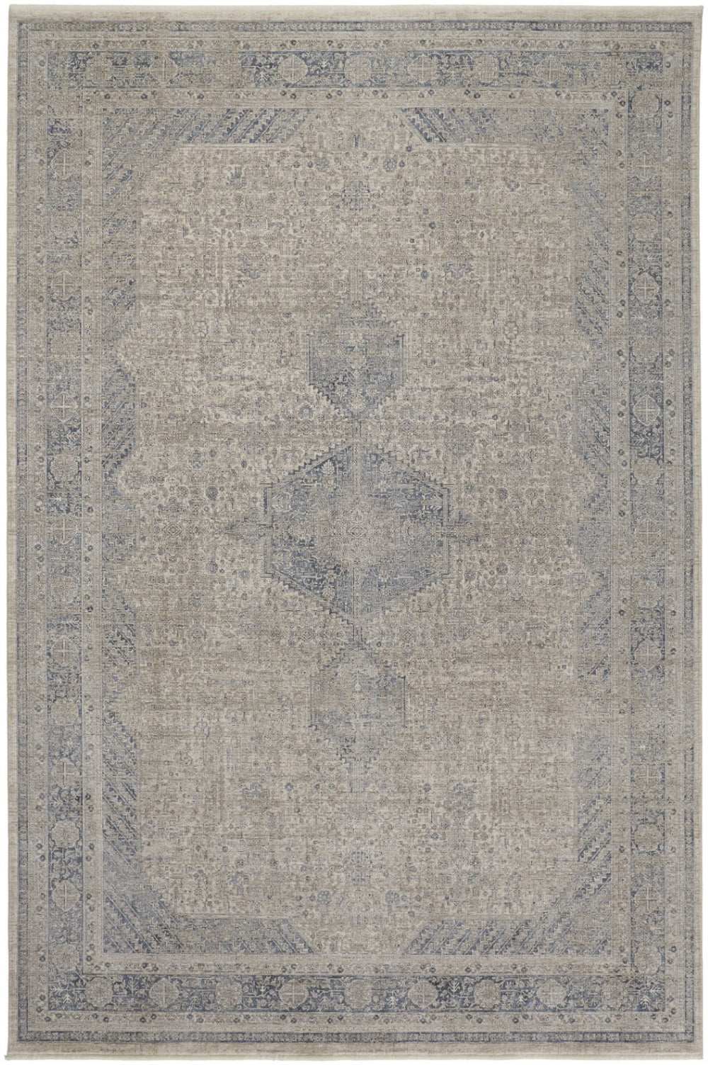 HomeRoots 4' Timeless Gray-Blue and Taupe Oriental Area Rug with Classic Fringed Tassels for Elegant Spaces 12' X 15' 567448