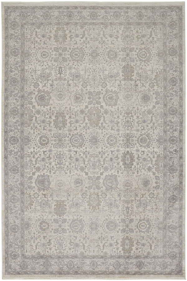 Homeroots 9' X 13' Gray And Ivory Oriental Power Loom Worn Faded Area Rug With Fringe Gray Polyester 567454