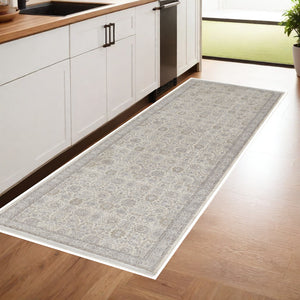 Homeroots 8' Gray And Ivory Oriental Power Loom Worn Faded Runner Rug With Fringe Gray Polyester 567455