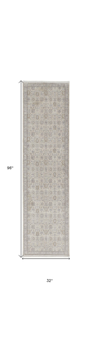 Homeroots 8' Gray And Ivory Oriental Power Loom Worn Faded Runner Rug With Fringe Gray Polyester 567455