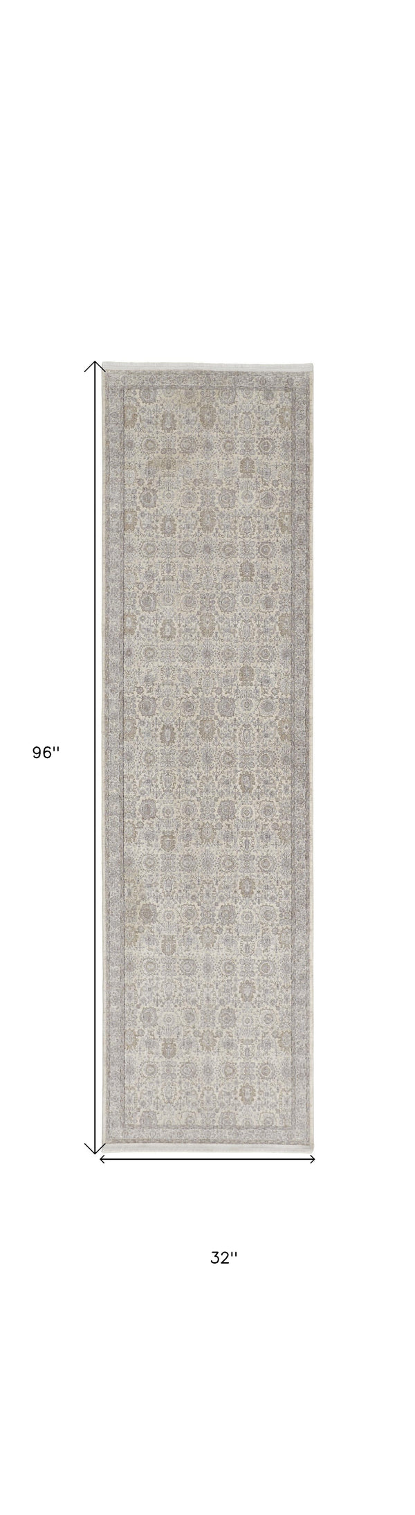 Homeroots 8' Gray And Ivory Oriental Power Loom Worn Faded Runner Rug With Fringe Gray Polyester 567455
