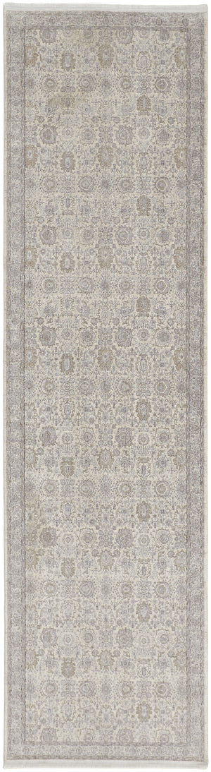 Homeroots 8' Gray And Ivory Oriental Power Loom Worn Faded Runner Rug With Fringe Gray Polyester 567455