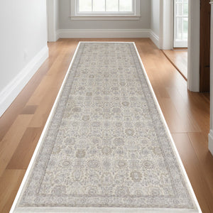 Homeroots 10' Gray And Ivory Oriental Power Loom Runner Rug With Fringe Gray Polyester 567456