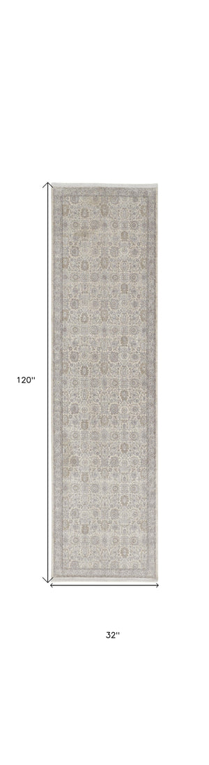 Homeroots 10' Gray And Ivory Oriental Power Loom Runner Rug With Fringe Gray Polyester 567456