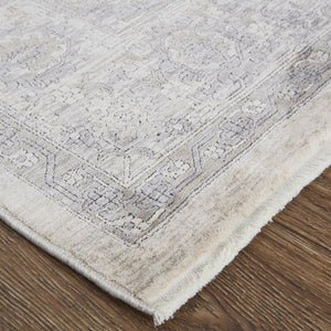Homeroots 12' Gray And Ivory Oriental Power Loom Worn Faded Runner Rug With Fringe Gray Polyester 567457