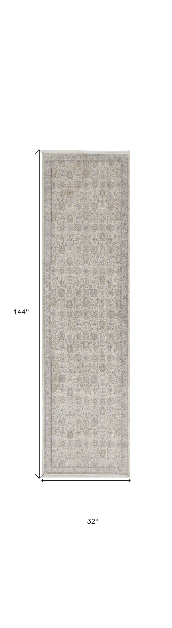 Homeroots 12' Gray And Ivory Oriental Power Loom Worn Faded Runner Rug With Fringe Gray Polyester 567457