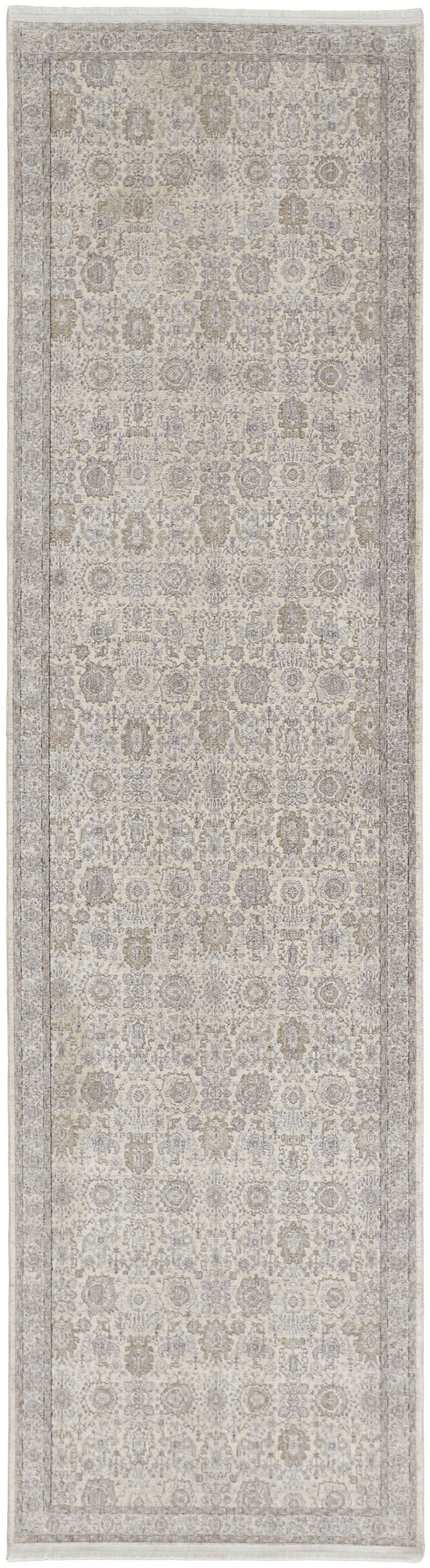 Homeroots 12' Gray And Ivory Oriental Power Loom Worn Faded Runner Rug With Fringe Gray Polyester 567457
