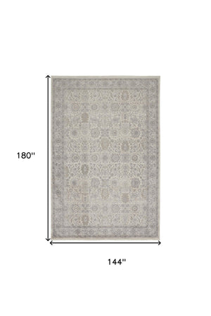 Homeroots 12' X 15' Gray And Ivory Oriental Power Loom Worn Faded Area Rug With Fringe Gray Polyester 567458