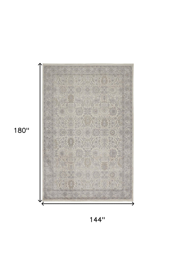 Homeroots 12' X 15' Gray And Ivory Oriental Power Loom Worn Faded Area Rug With Fringe Gray Polyester 567458