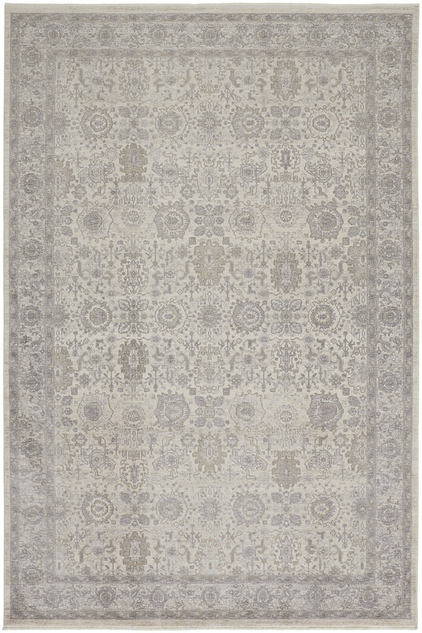 Homeroots 12' X 15' Gray And Ivory Oriental Power Loom Worn Faded Area Rug With Fringe Gray Polyester 567458