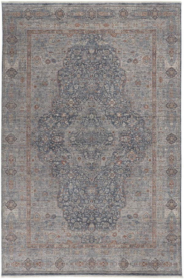 HomeRoots 4' Transform Your Space with a Charming Worn-Faded Gray-Blue and Red Oriental Area Rug with Fringe 4' X 5' 567460