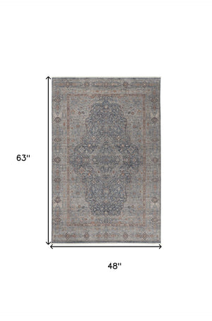 HomeRoots 4' Transform Your Space with a Charming Worn-Faded Gray-Blue and Red Oriental Area Rug with Fringe 4' X 5' 567460