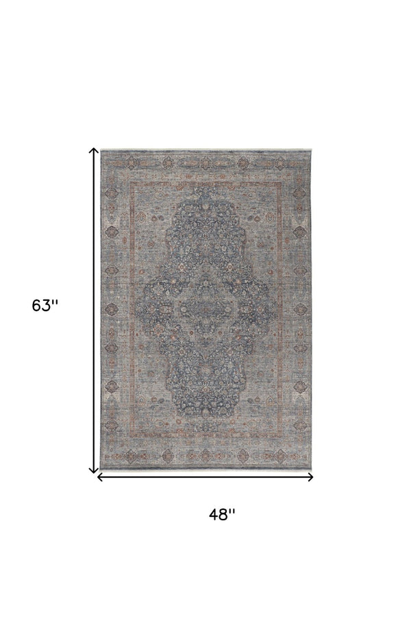 HomeRoots 4' Transform Your Space with a Charming Worn-Faded Gray-Blue and Red Oriental Area Rug with Fringe 4' X 5' 567460