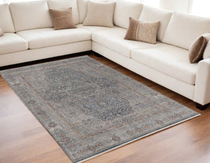 HomeRoots 4' Transform Your Space with a Charming Worn-Faded Gray-Blue and Red Oriental Area Rug with Fringe 5' X 7' 567461