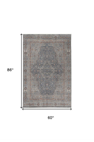 HomeRoots 4' Transform Your Space with a Charming Worn-Faded Gray-Blue and Red Oriental Area Rug with Fringe 5' X 7' 567461