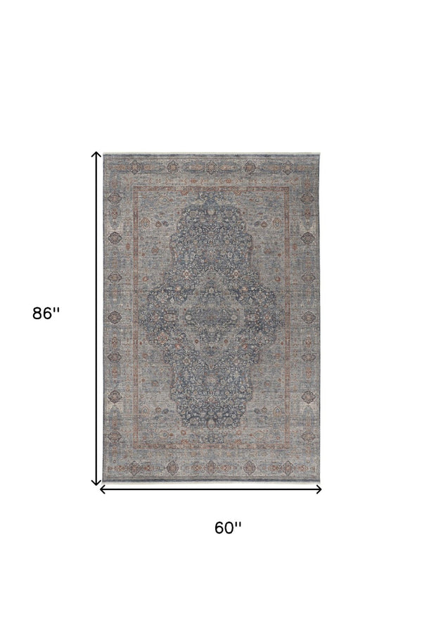 HomeRoots 4' Transform Your Space with a Charming Worn-Faded Gray-Blue and Red Oriental Area Rug with Fringe 5' X 7' 567461